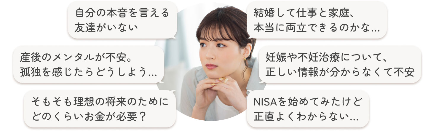 「自分の本音を言える友達がいない」「結婚して仕事と家庭、本当に両立できるのかな…」「産後のメンタルが不安。孤独を感じたらどうしよう…」「妊娠や不妊治療について、正しい情報が分からなくて不安」「そもそも理想の将来のためにどのくらいお金が必要？」「NISAを始めてみたけど正直よくわからない…」